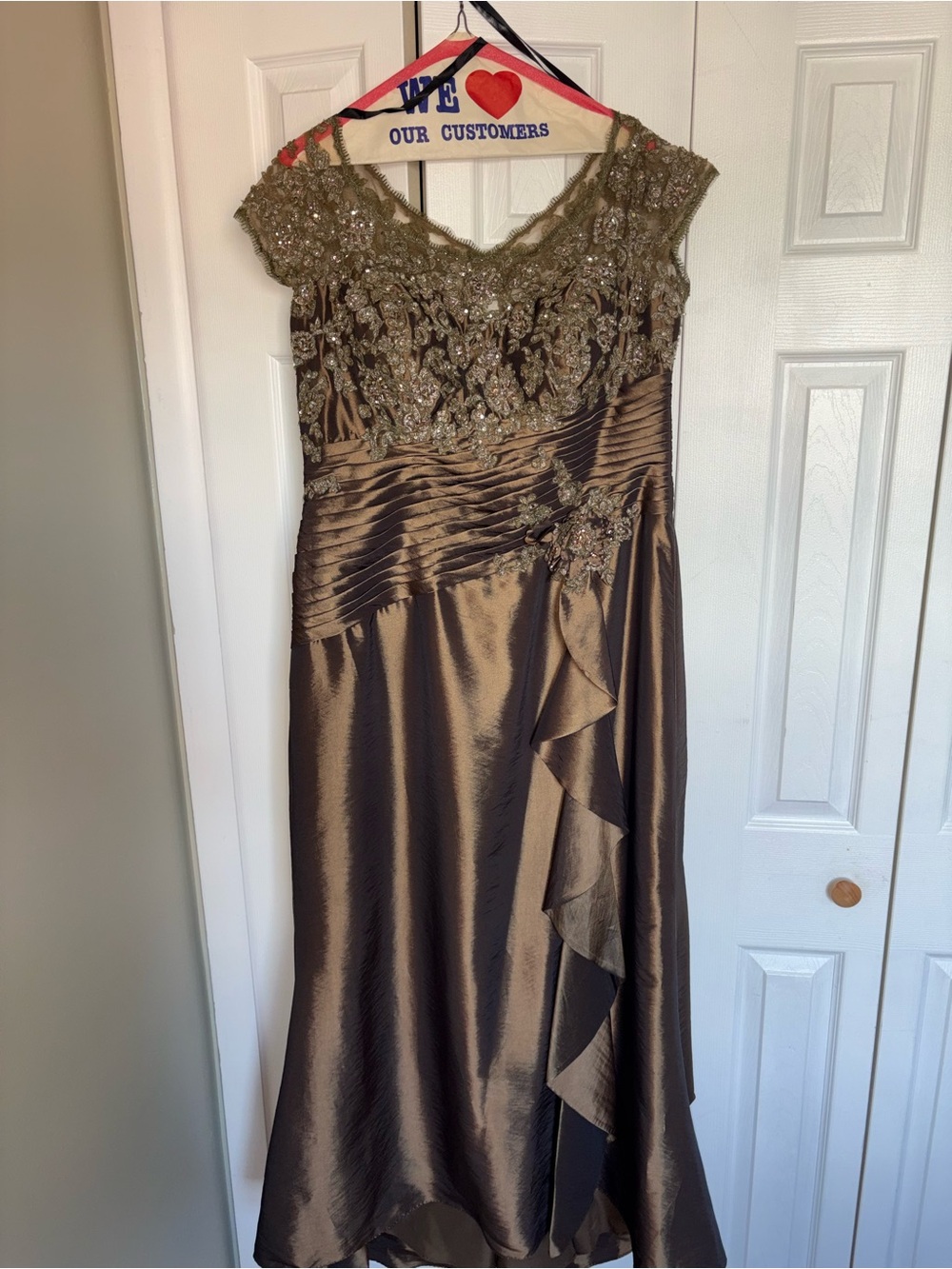 Mon Cheri Bronze Embellished Satin Maxi Dress